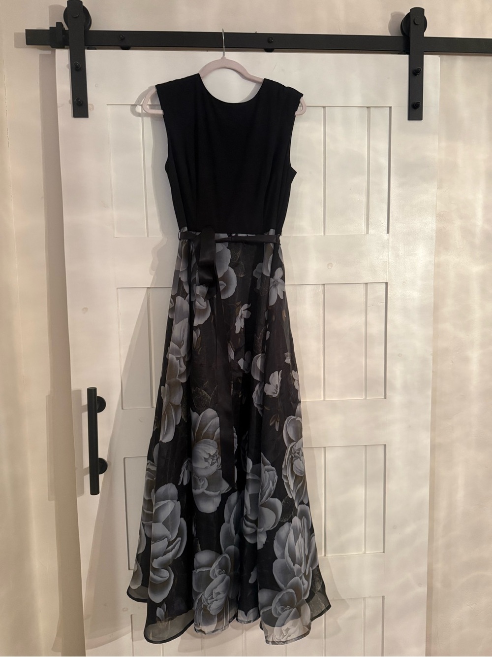 SLNY Black Maxi Dress with Gray Floral Overlay
